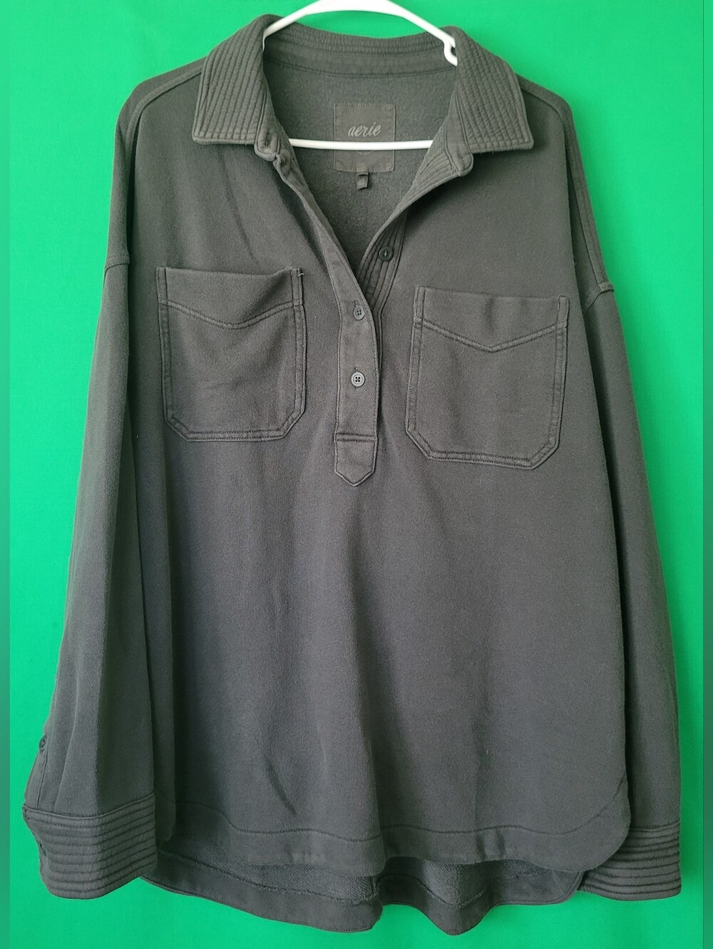 Aerie Women Long-Sleeve Oversized Charcoal Grey Polo Shirt Sweatshirt Ribbed M